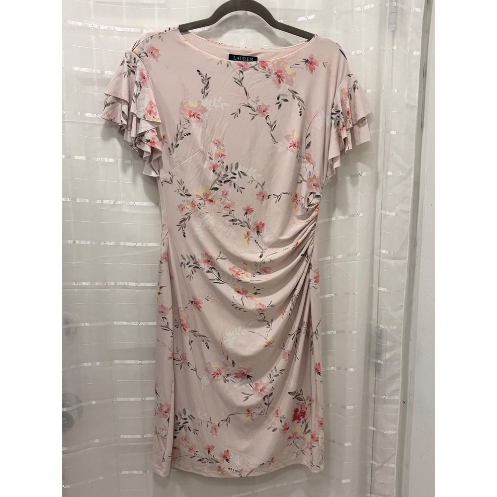 Lauren Ralph Lauren Pink Floral Ruched Ruffle Sleeve Sheath Dress 6